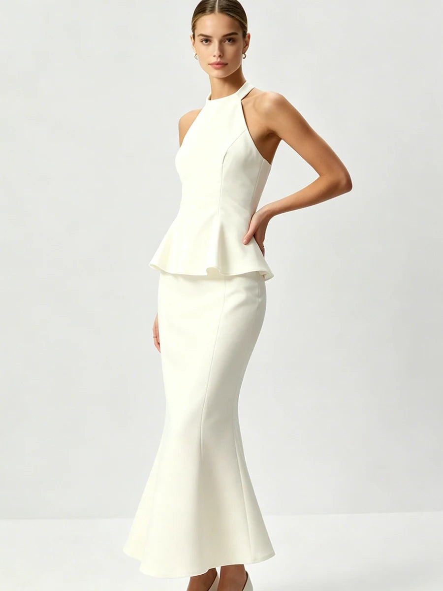 Josette Halter Peplum Fishtail Midi Dress