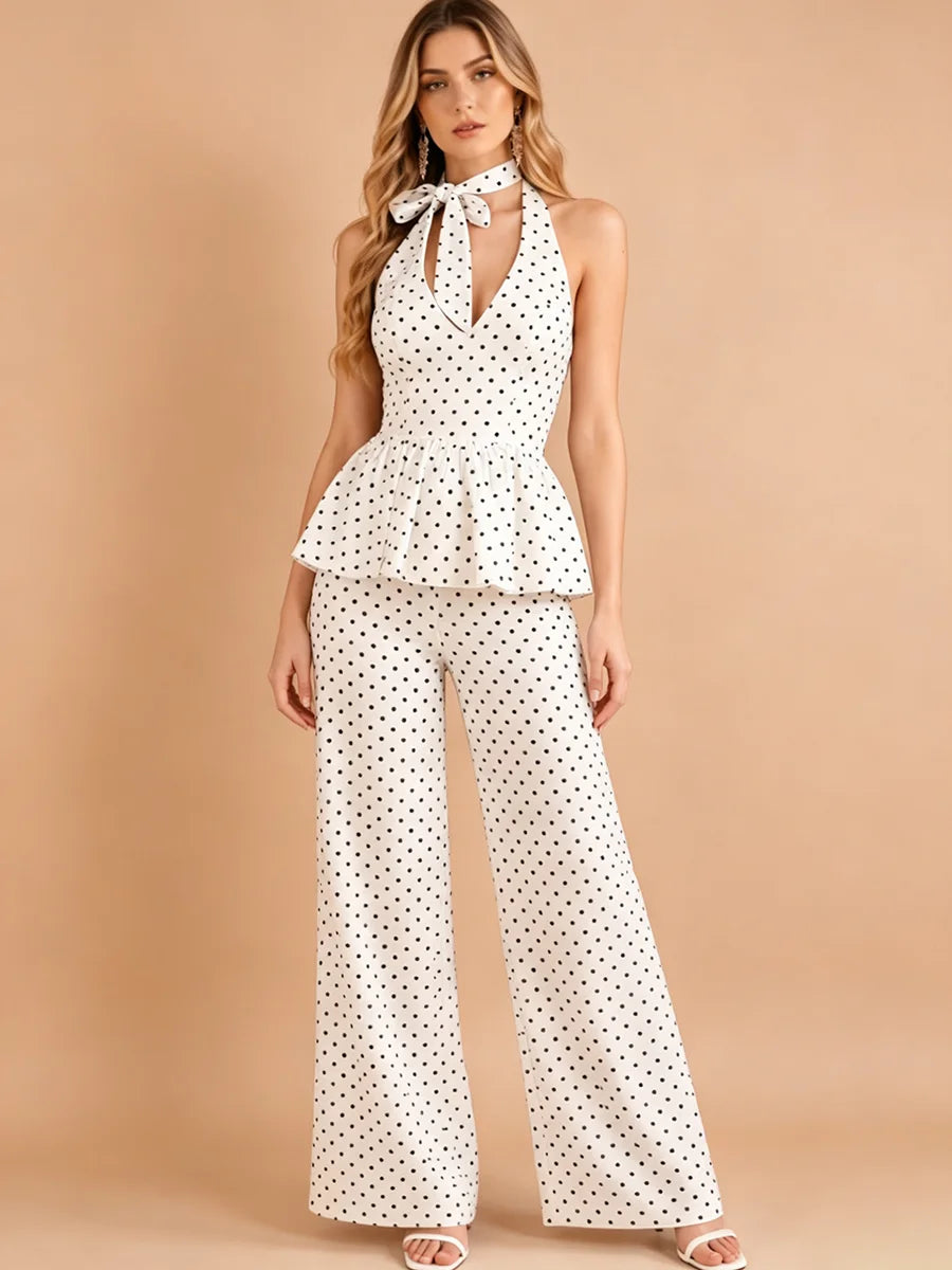 Jolie Polka Dot Peplum & Wide-Leg Pants Set