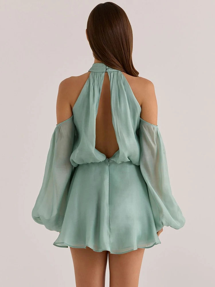 Ondine Halter Off-Shoulder Puff-Sleeve Mini Dress