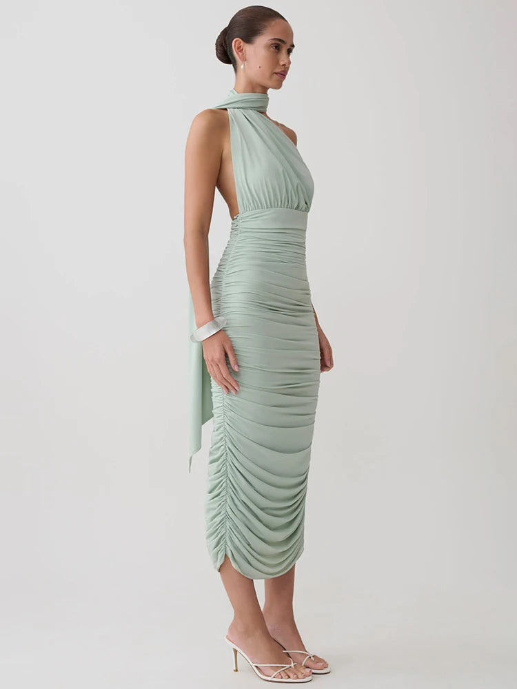 Odessa Twist Halter Split-Back Midi Dress