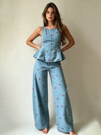 Larkin Cherry Print Denim Peplum Top & Pants Set