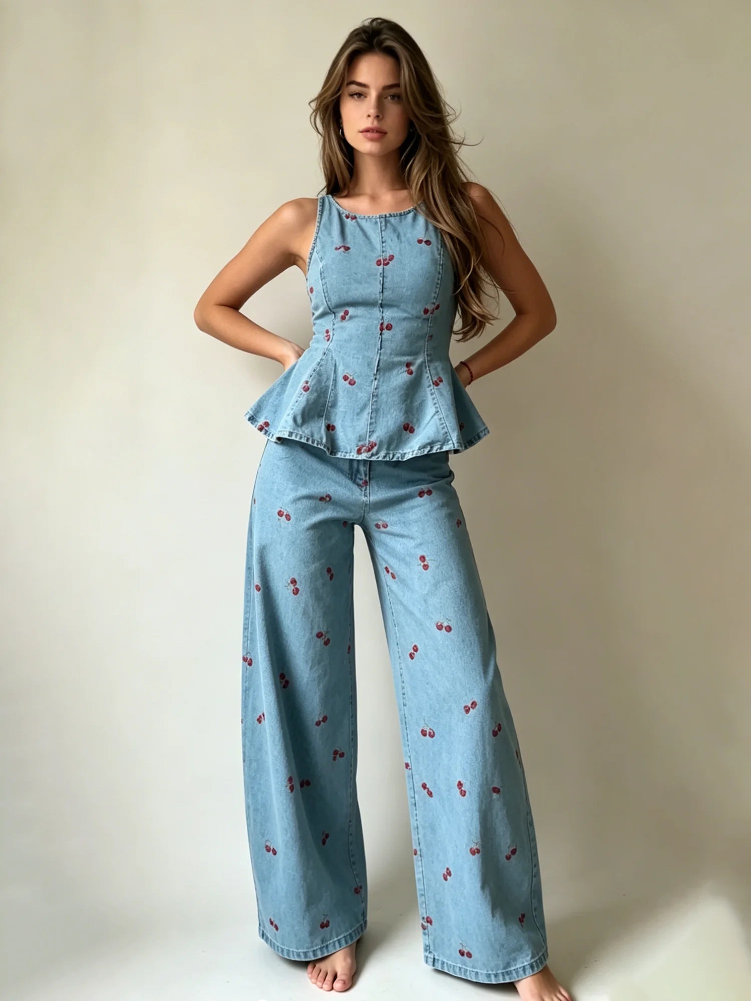 Larkin Cherry Print Denim Peplum Top & Pants Set