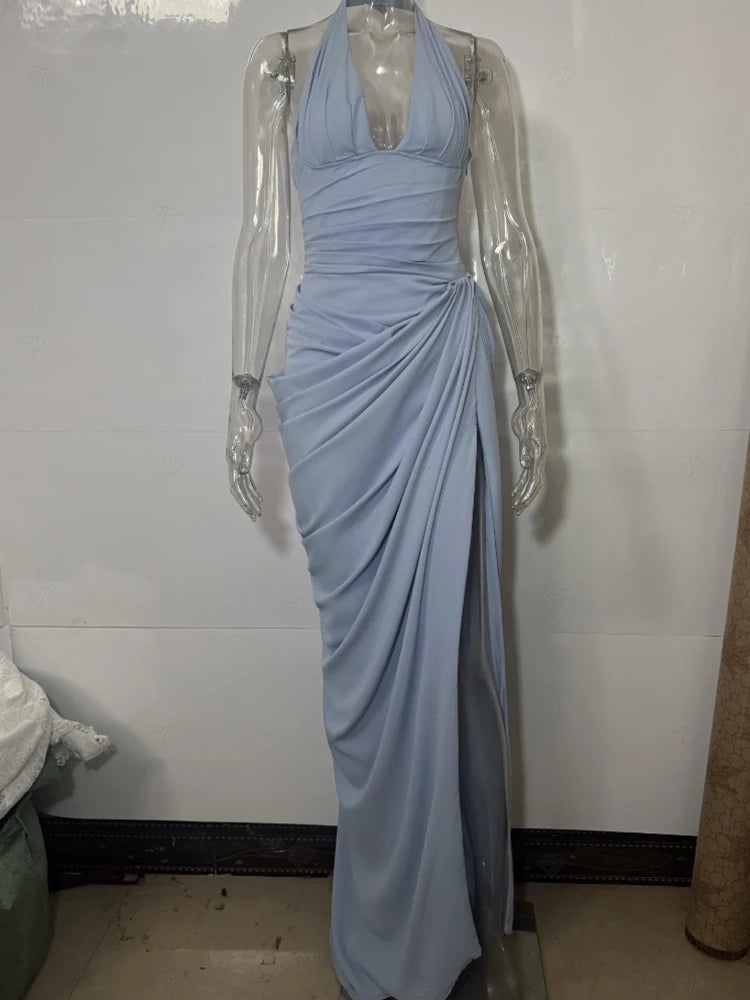 Nadia Halter Deep-V Slit Maxi Dress