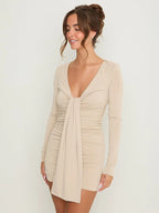 Palmer Long-Sleeve Deep-V Front-Tie Mini Dress