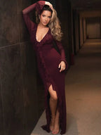 Marceline Deep-V Long-Sleeve Mesh Maxi Dress