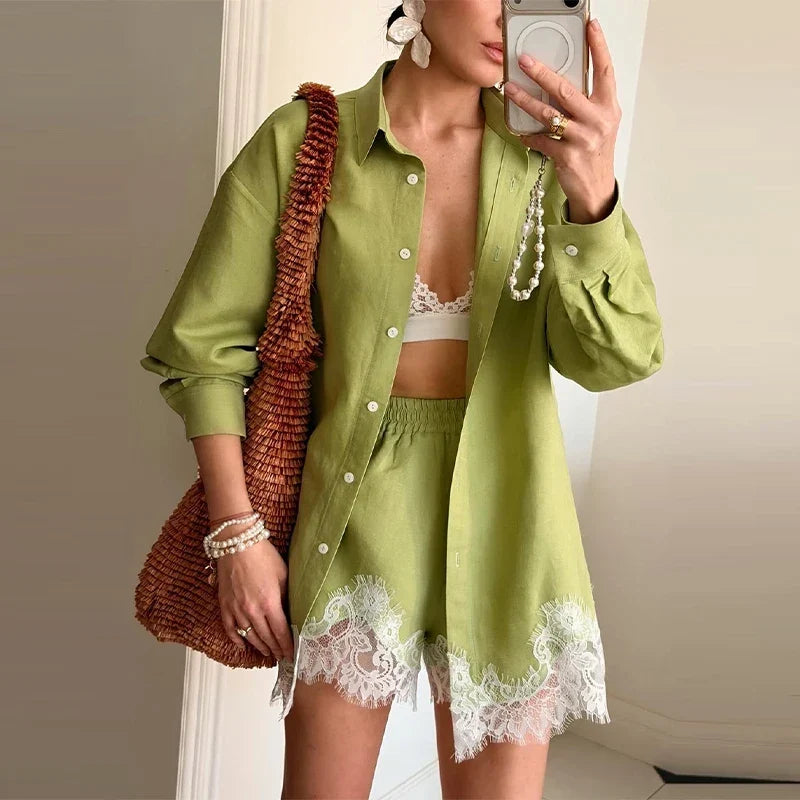 Lace-Trim Blouse Set – Fira
