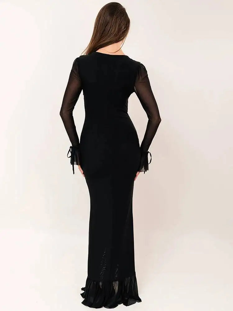 Marceline Deep-V Long-Sleeve Mesh Maxi Dress