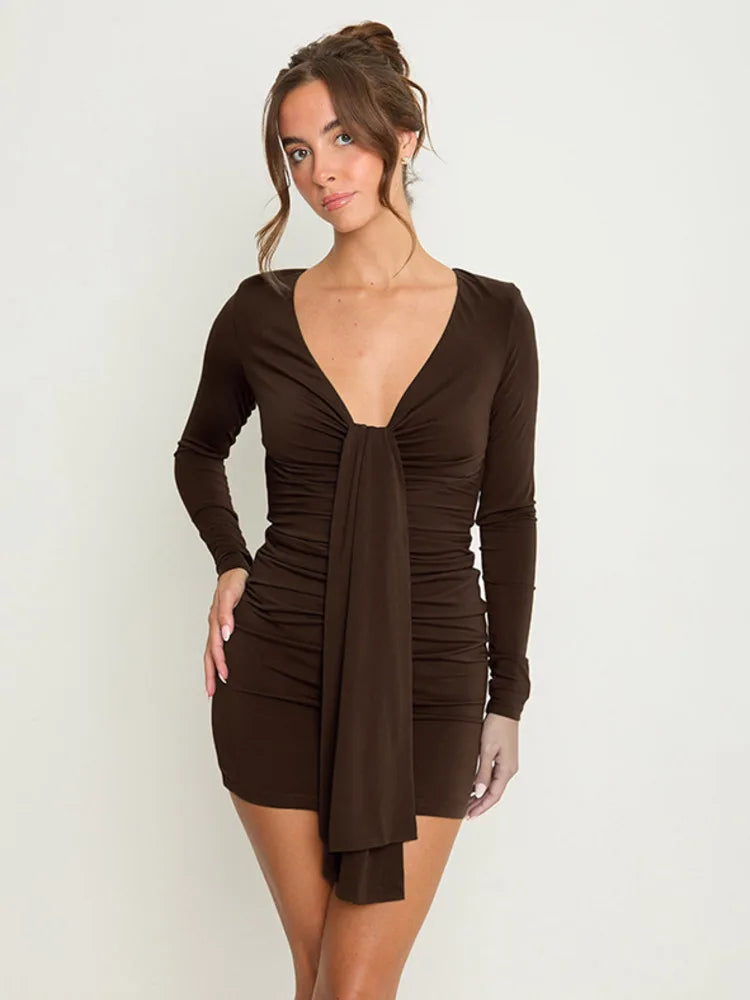 Palmer Long-Sleeve Deep-V Front-Tie Mini Dress