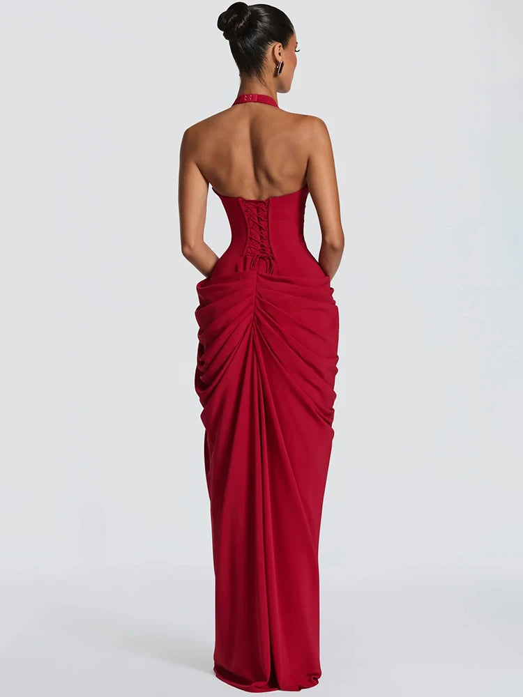 Nadia Halter Deep-V Slit Maxi Dress