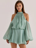 Ondine Halter Off-Shoulder Puff-Sleeve Mini Dress