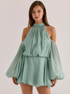 Ondine Halter Off-Shoulder Puff-Sleeve Mini Dress