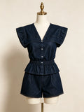 Junia Denim Ruffle-Collar Top & Shorts Set