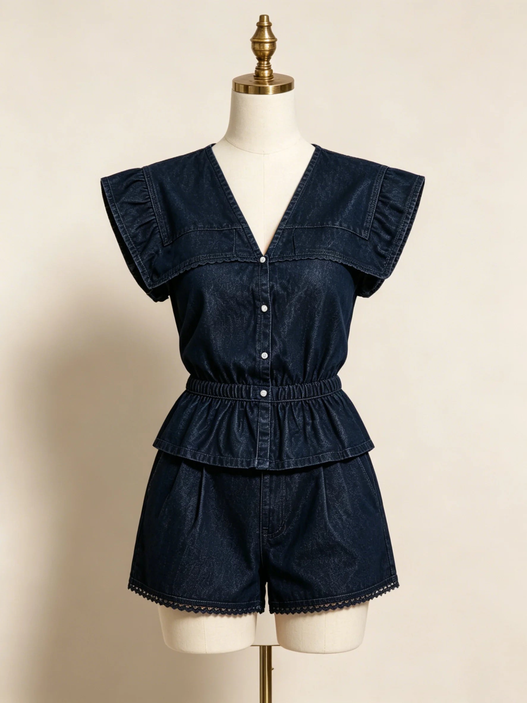 Junia Denim Ruffle-Collar Top & Shorts Set