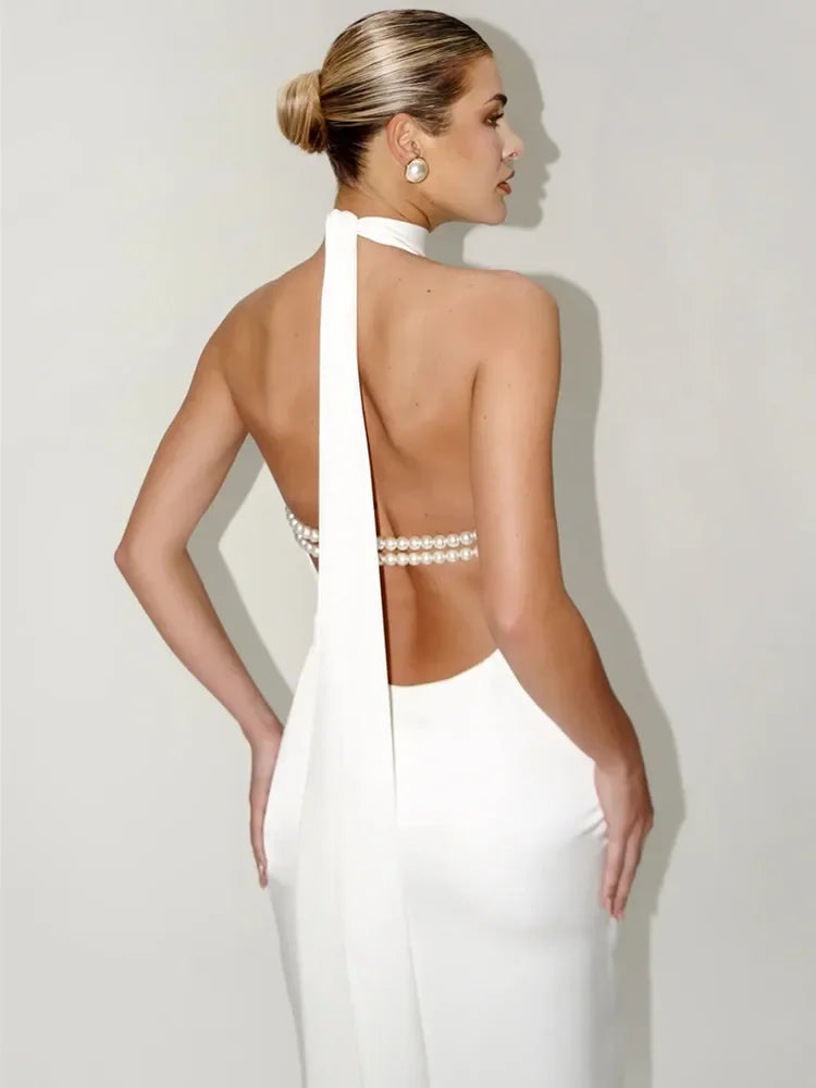 Rosamund Pearl Halter Backless Maxi Dress