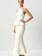 Josette Halter Peplum Fishtail Midi Dress