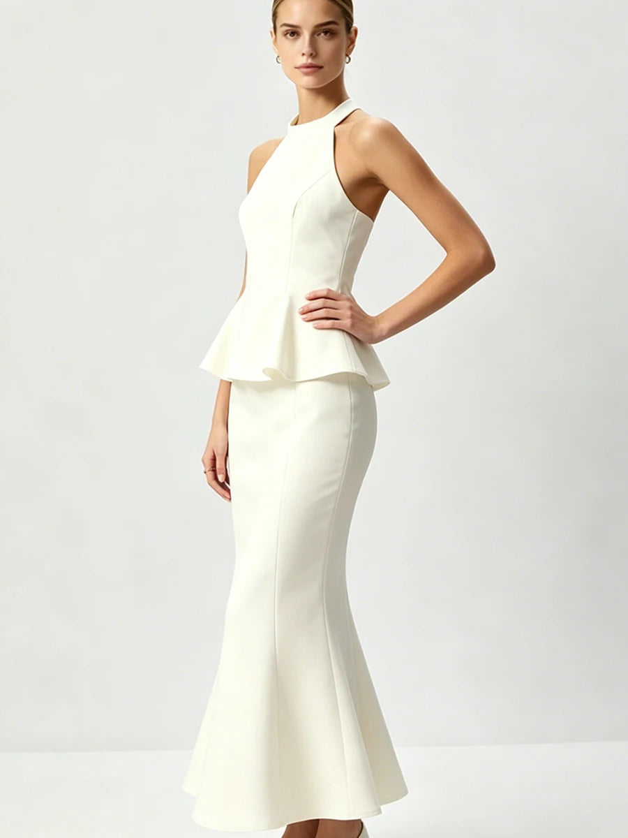 Josette Halter Peplum Fishtail Midi Dress