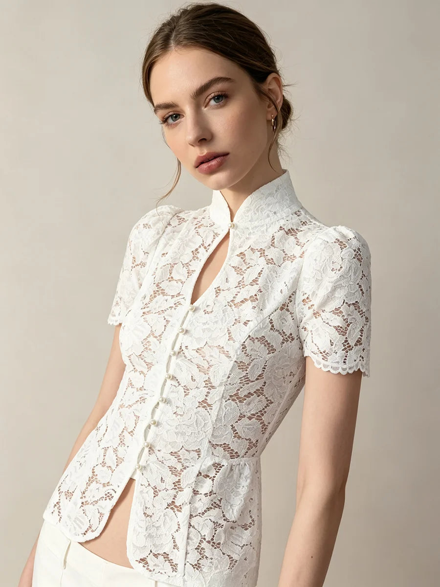 Coralie Pearl-Button Lace Blouse