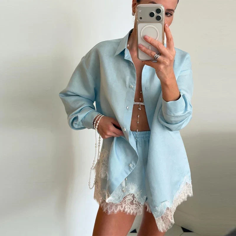Lace-Trim Blouse Set – Fira