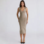 Petronella Claret V-Neck Bodycon Midi Dress