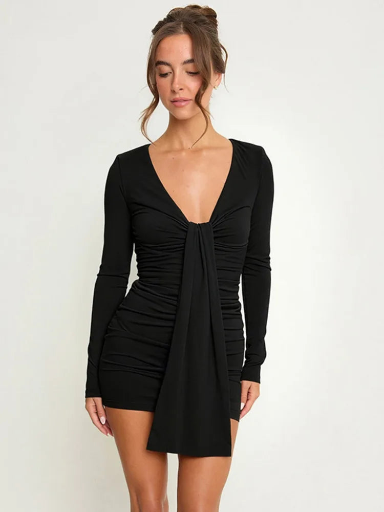 Palmer Long-Sleeve Deep-V Front-Tie Mini Dress