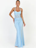 Saffron Lace Mesh Halter Maxi Dress