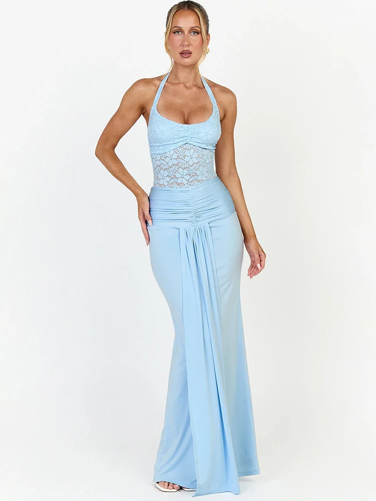 Saffron Lace Mesh Halter Maxi Dress