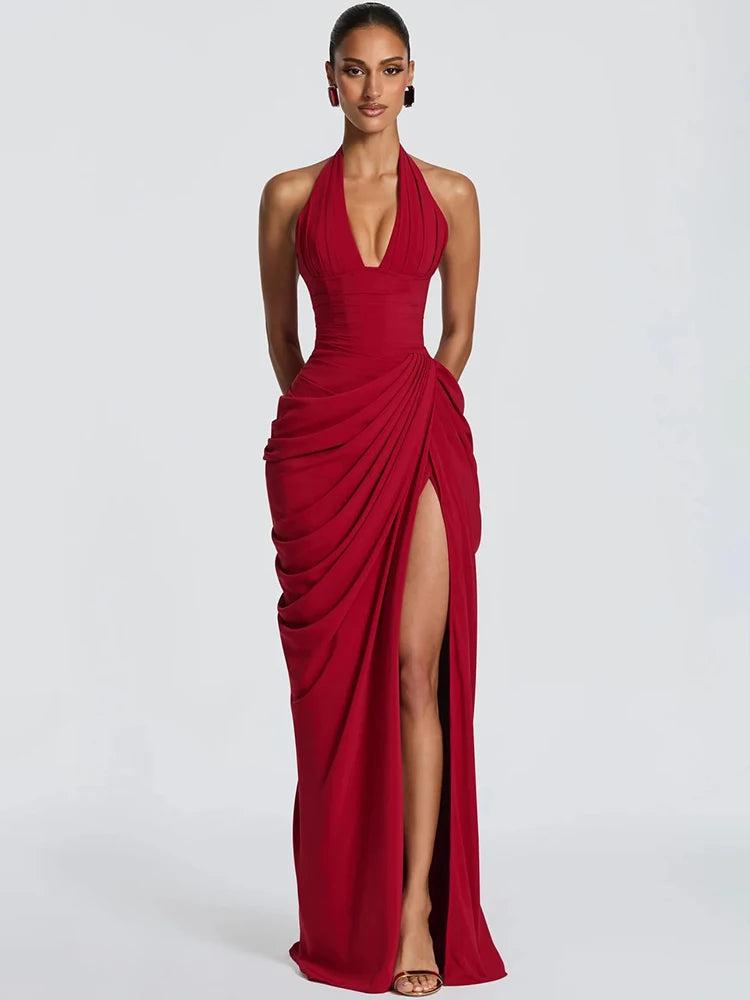 Nadia Halter Deep-V Slit Maxi Dress