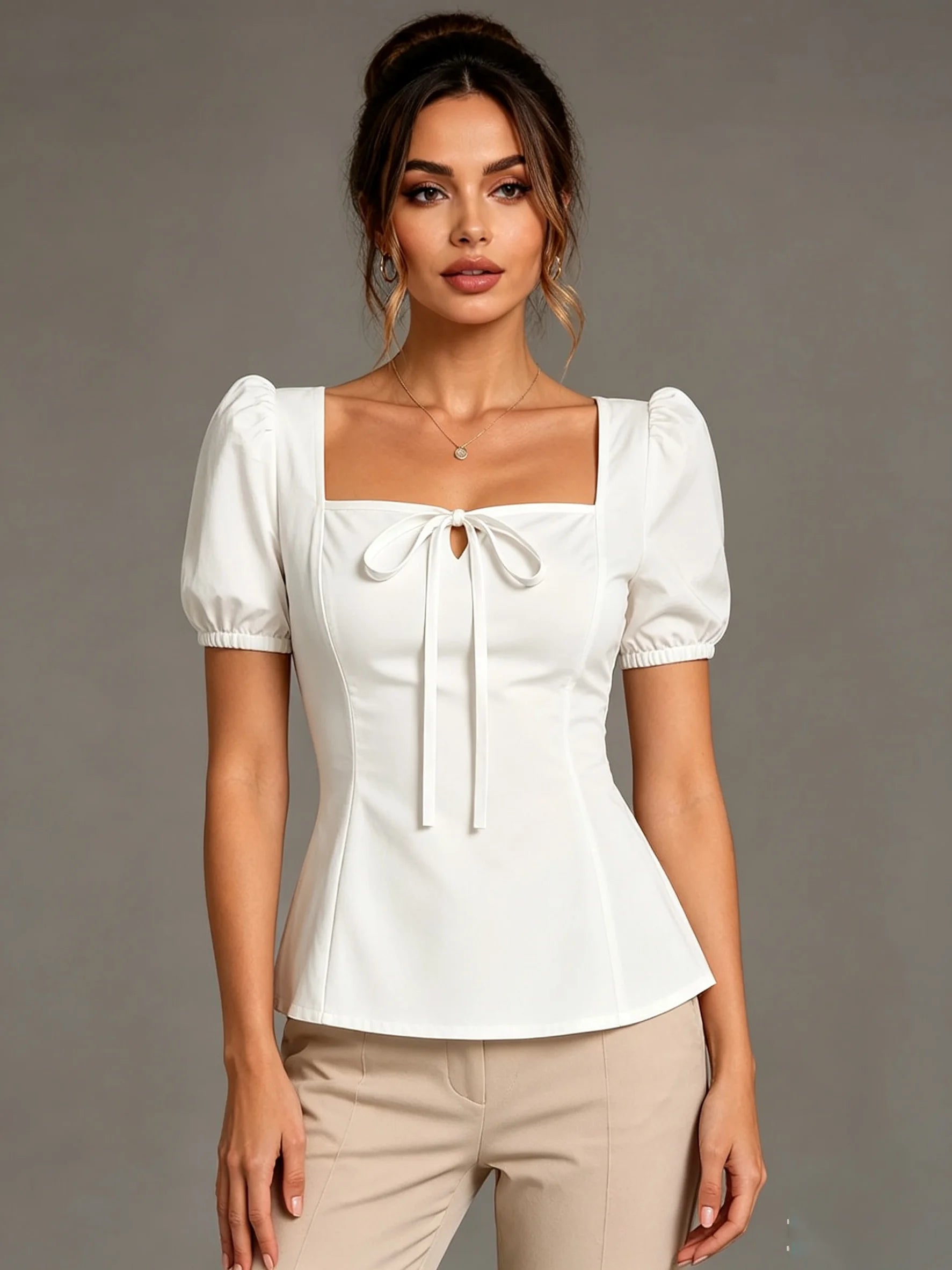 Callista Bow-Front Puff-Sleeve Blouse