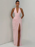 Nadia Halter Deep-V Slit Maxi Dress