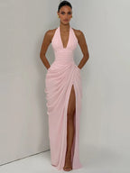 Nadia Halter Deep-V Slit Maxi Dress