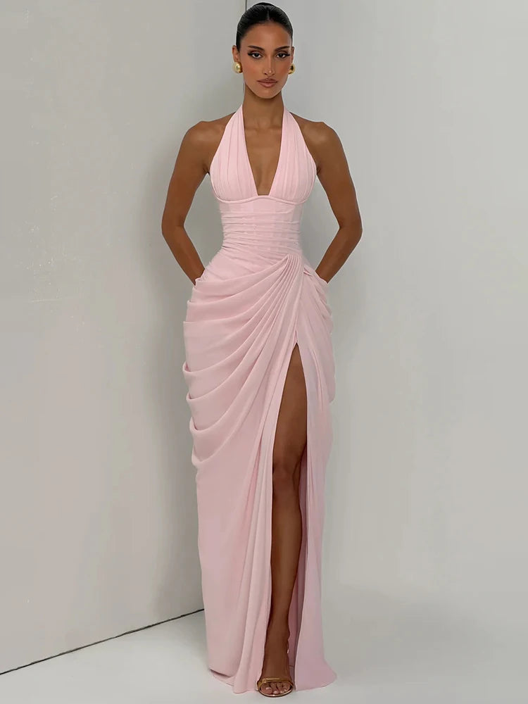 Nadia Halter Deep-V Slit Maxi Dress
