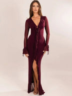 Marceline Deep-V Long-Sleeve Mesh Maxi Dress