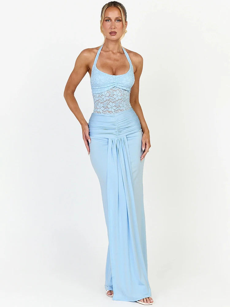 Saffron Lace Mesh Halter Maxi Dress