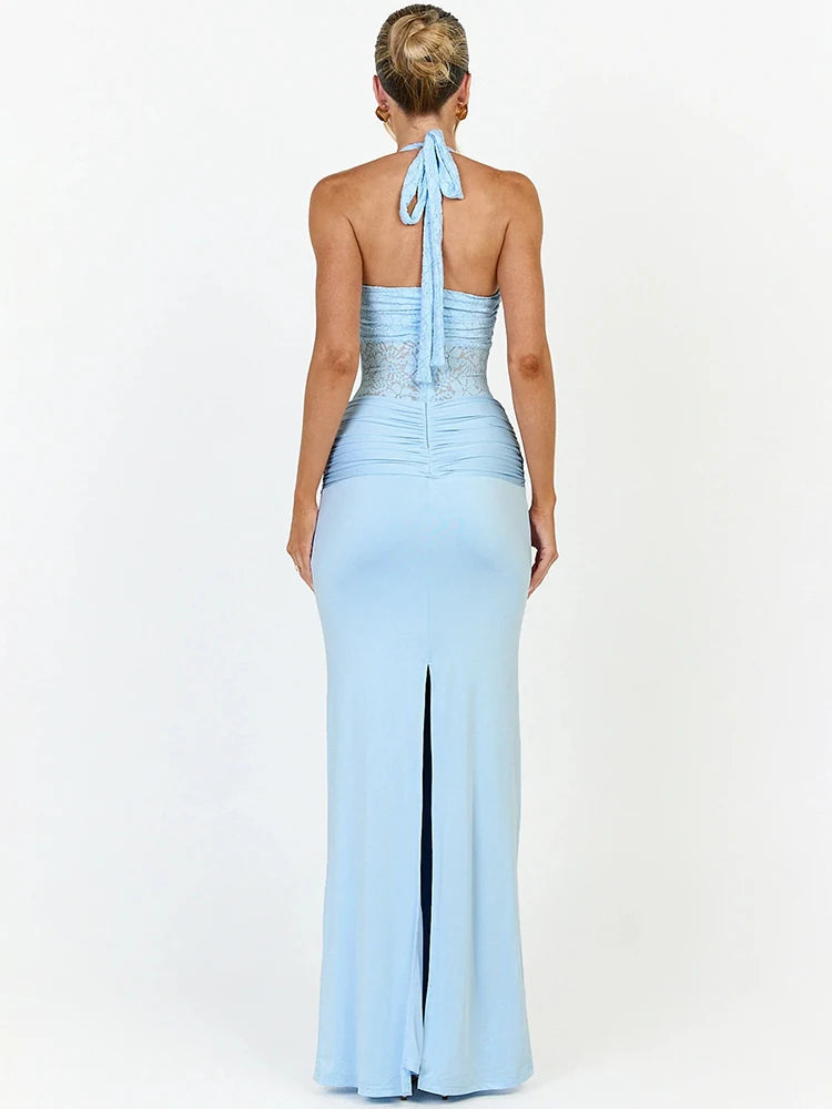 Saffron Lace Mesh Halter Maxi Dress