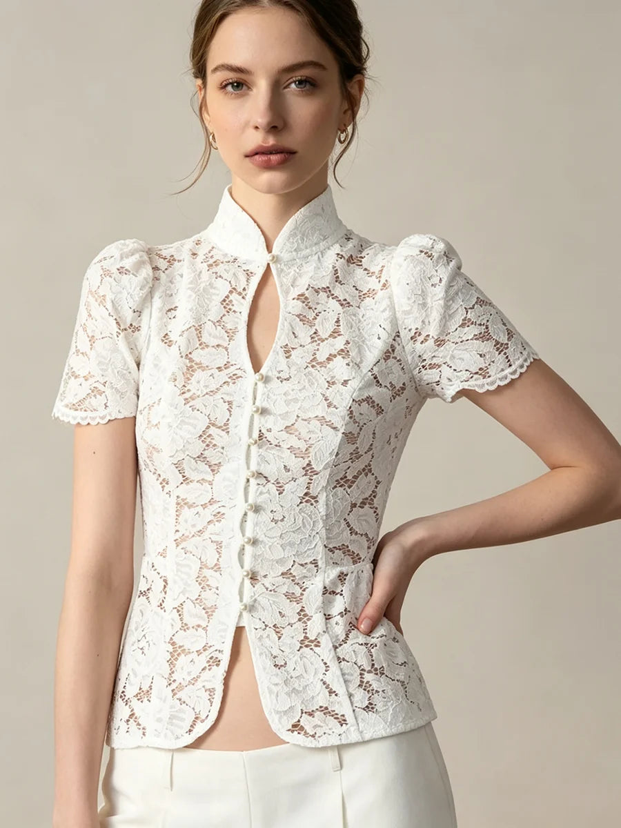 Coralie Pearl-Button Lace Blouse