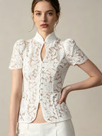 Coralie Pearl-Button Lace Blouse