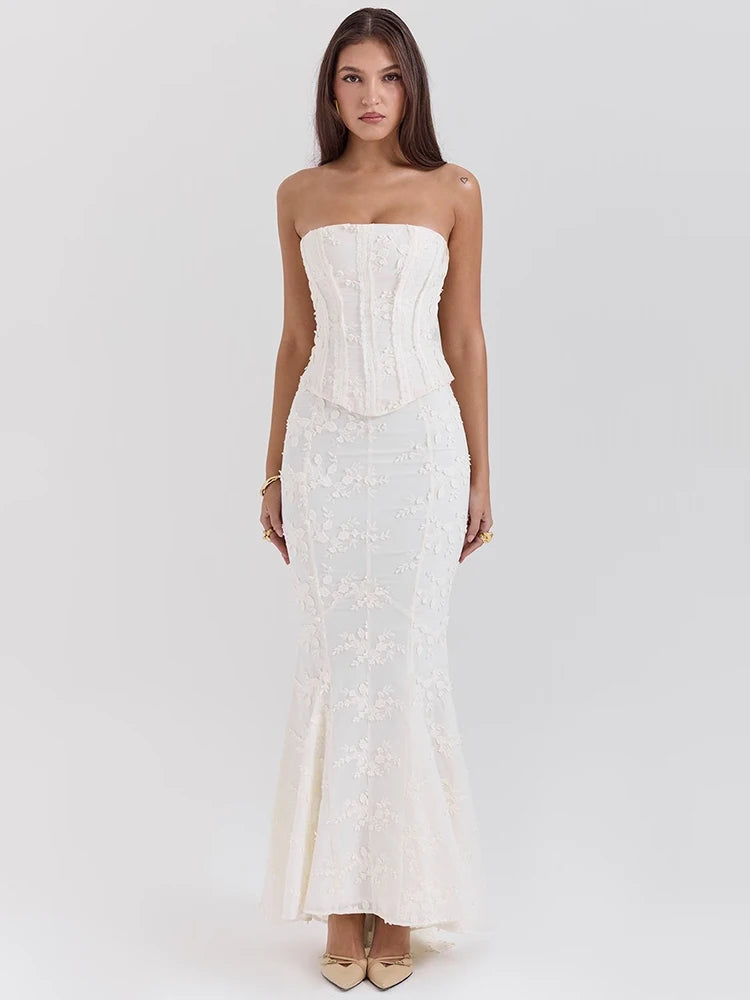 Meline Off-Shoulder Lace-Up Crop Top & Maxi Skirt Set
