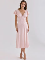 Sabrina Satin Deep-V Midi Dress
