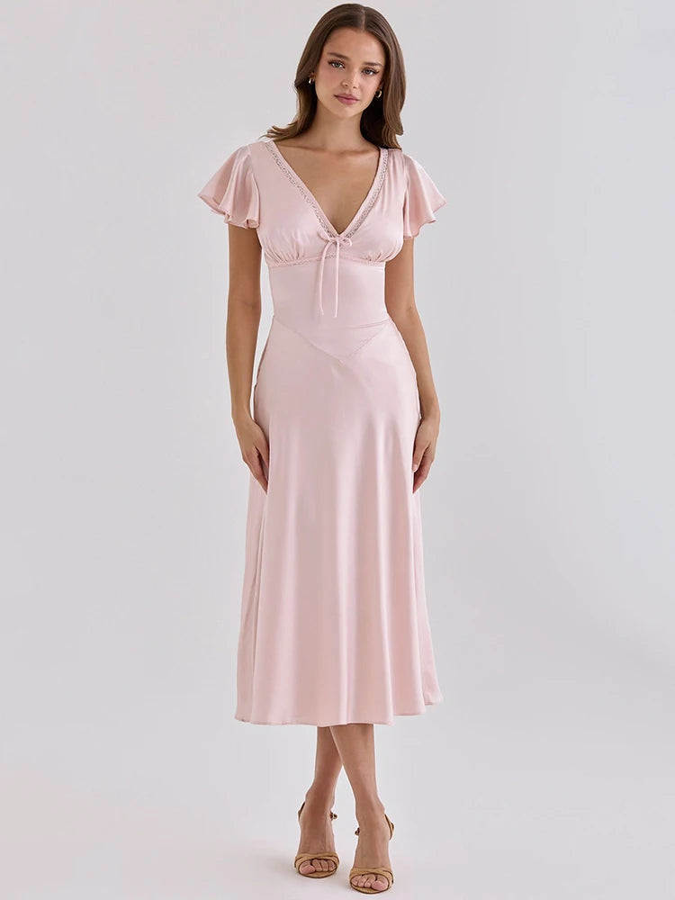 Sabrina Satin Deep-V Midi Dress
