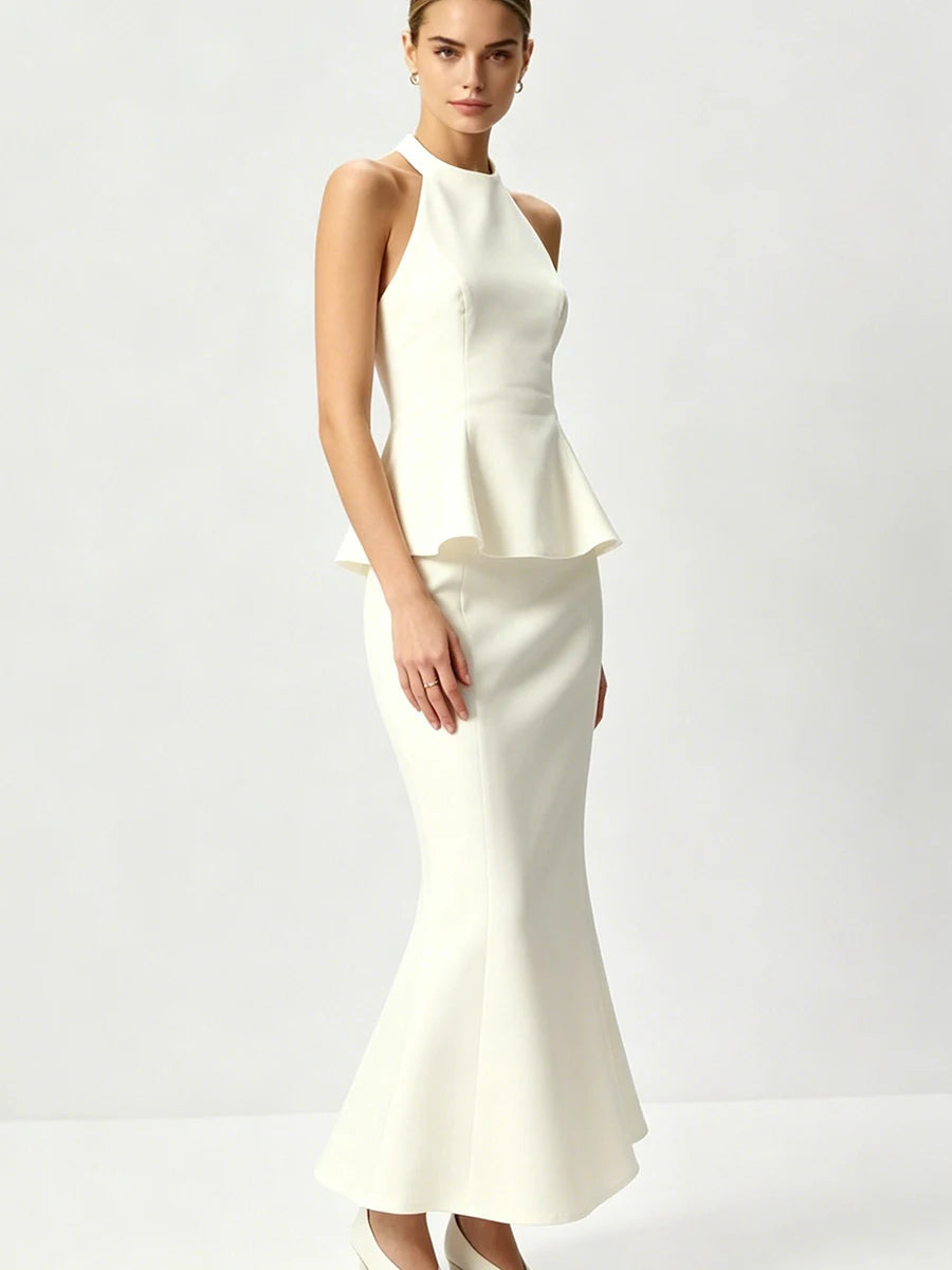 Josette Halter Peplum Fishtail Midi Dress