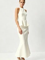 Josette Halter Peplum Fishtail Midi Dress
