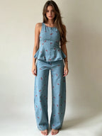 Larkin Cherry Print Denim Peplum Top & Pants Set