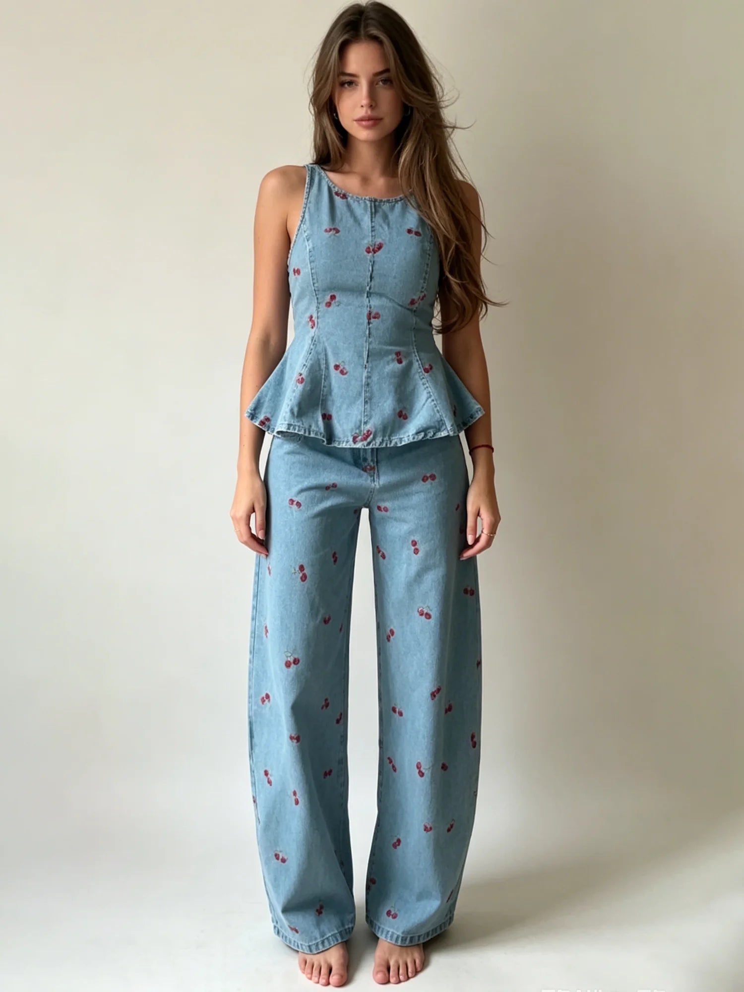 Larkin Cherry Print Denim Peplum Top & Pants Set