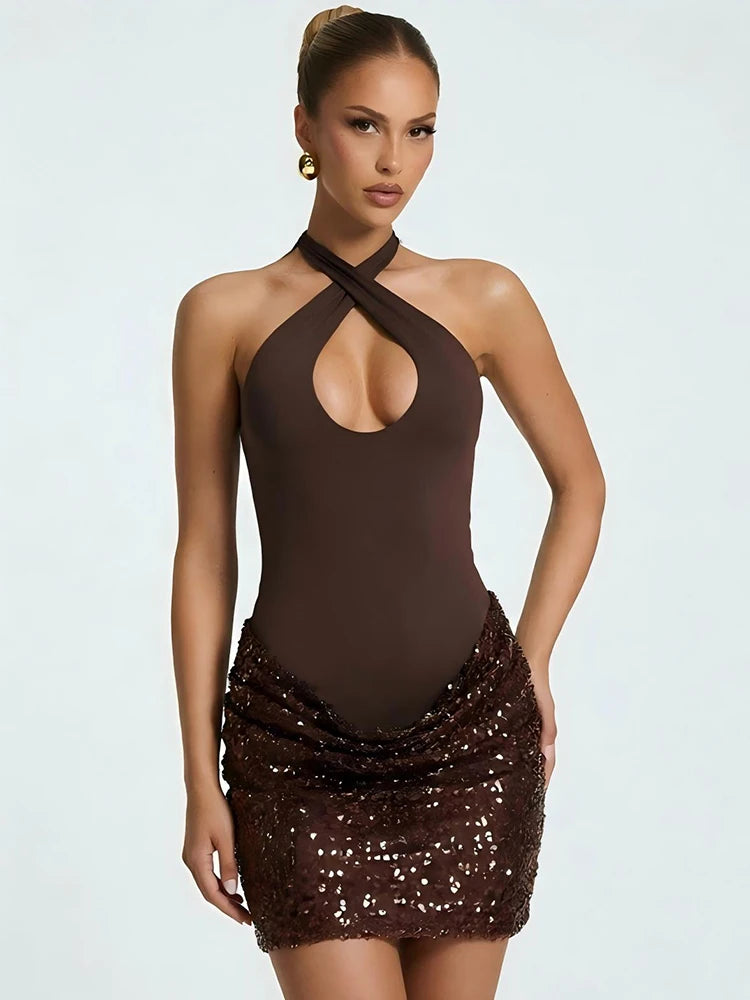 Portia Sequin Cutout Halter Mini Dress