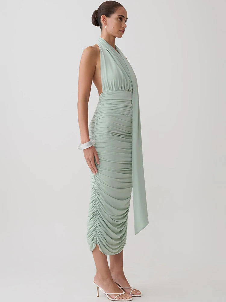 Odessa Twist Halter Split-Back Midi Dress