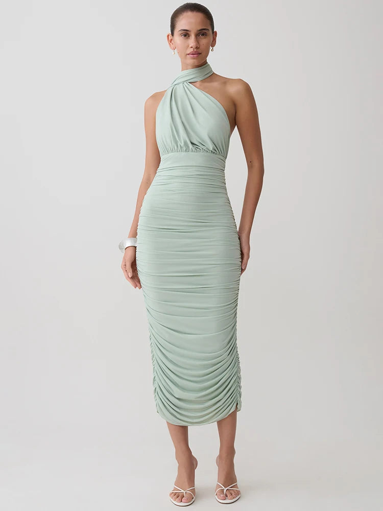 Odessa Twist Halter Split-Back Midi Dress