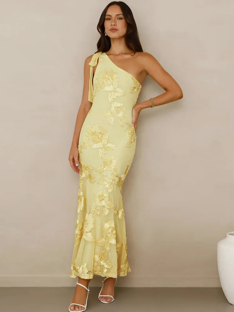 Lumen One-Shoulder Floral Applique Maxi Dress