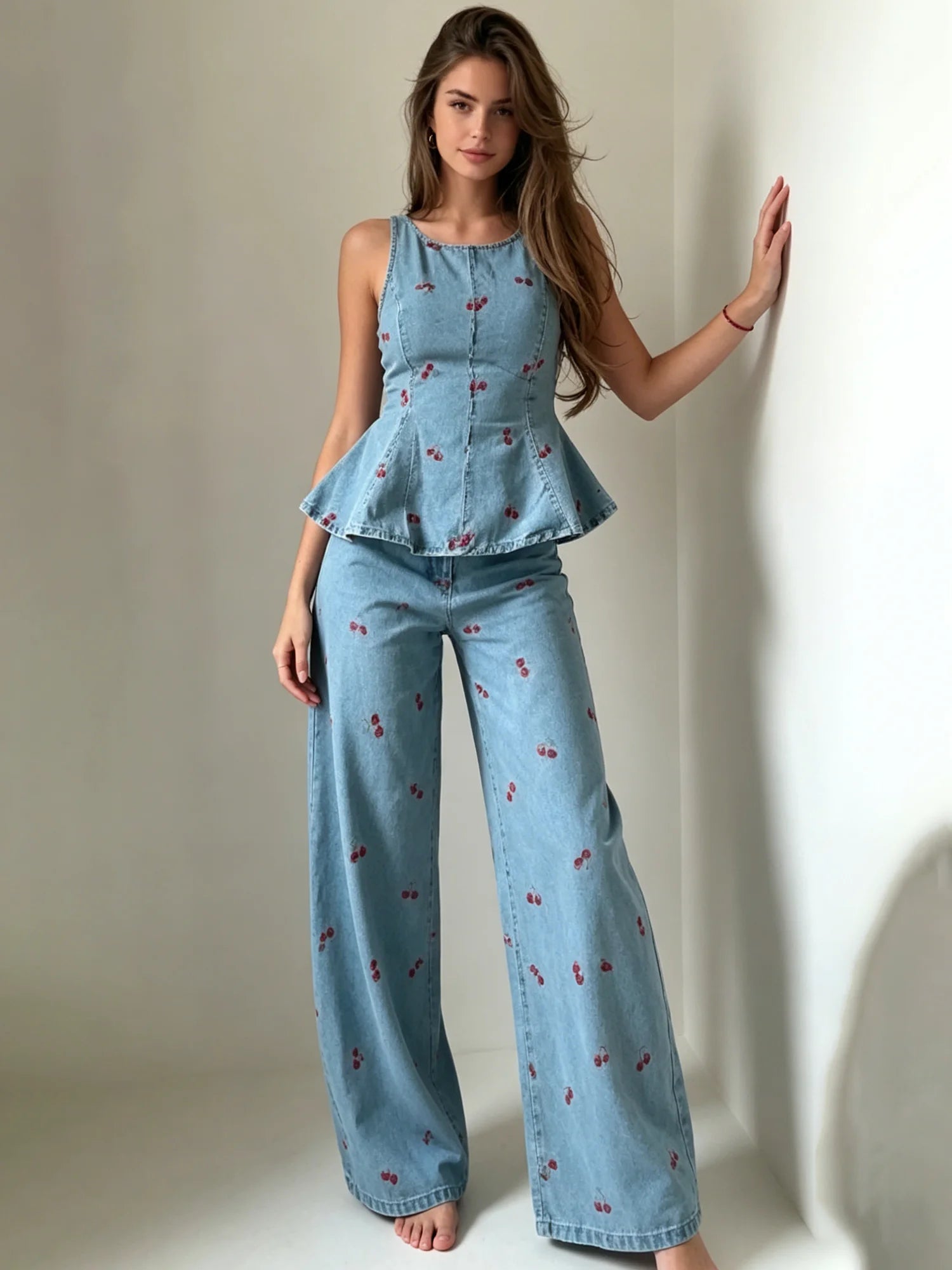 Larkin Cherry Print Denim Peplum Top & Pants Set