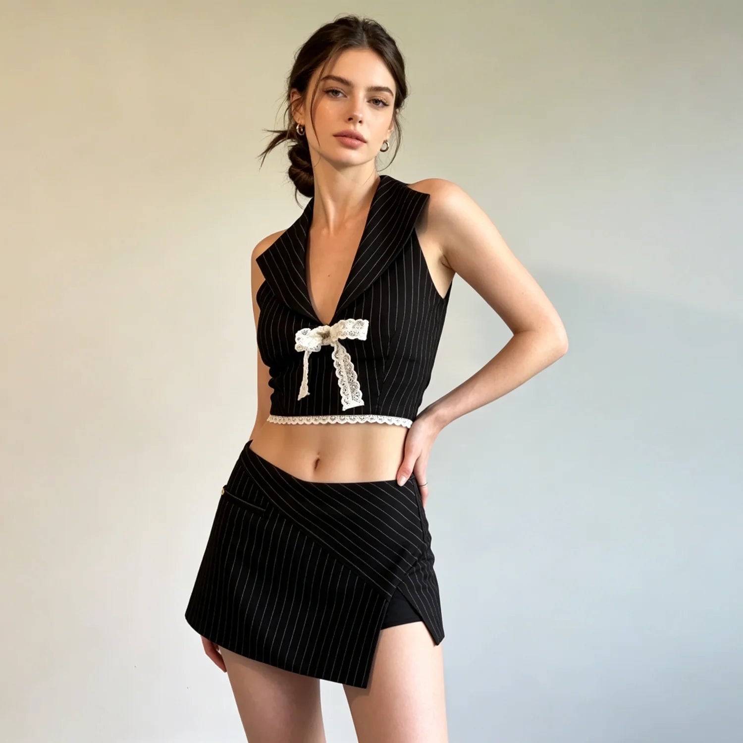 Kensington Lace Bow Halter Crop Top & Mini Skirt Set