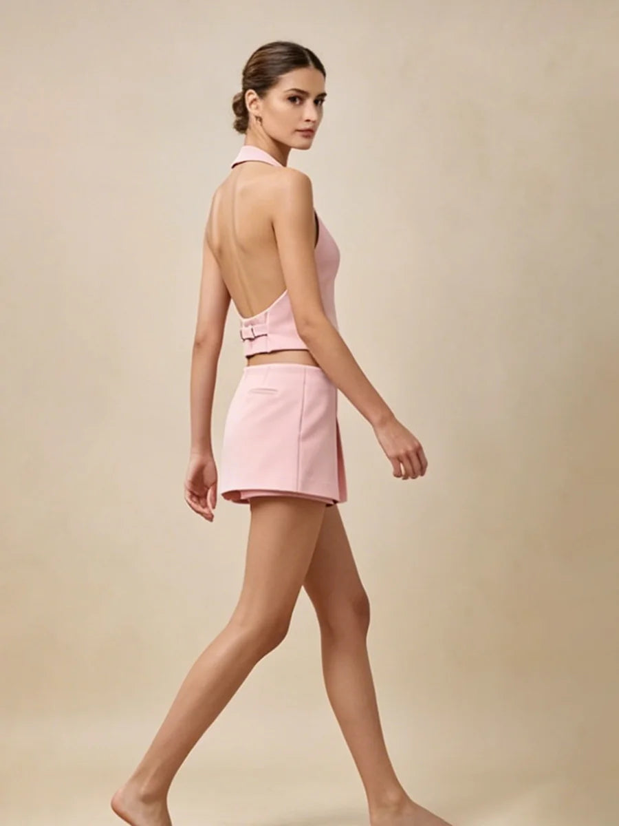Mireille Halter Vest & Pleated Mini Skirt Set
